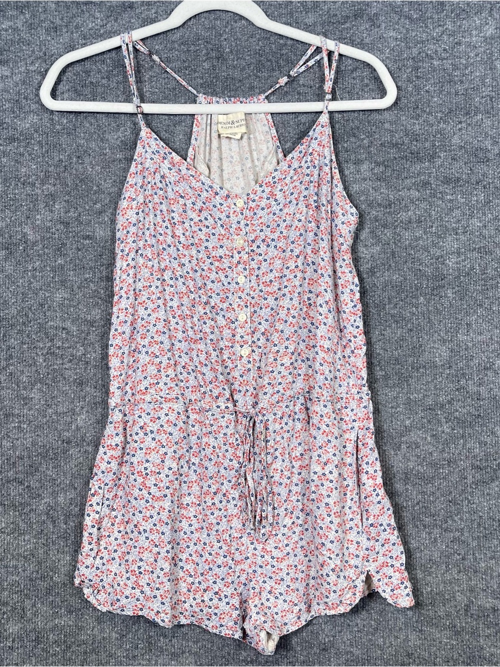 Denim&Supply Womens Small Floral Red White Blue Pocket Romper Adjustable Straps